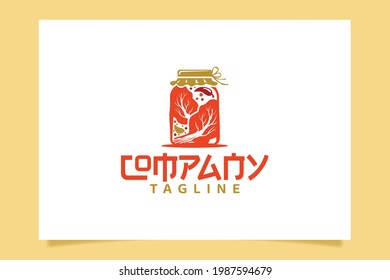 Kimchi logo Vector graphic with fermented vegetables, mustard greens, chili peppers, garlic and spices in a jar.