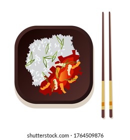 Kimchi with rice. A traditional Korean dish. Asian, spicy food. Vector illustration.