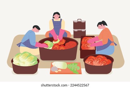 Día de Kimjang en Corea. Las familias se sientan alrededor de un gran estanque haciendo kimchi.