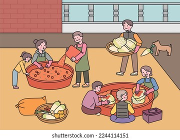 Kimjang day in Korea. Many people are gathering and making kimchi. They are making kimchi with cabbage and radish together in a large container.