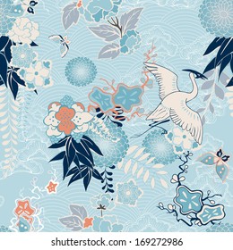 Kimono background with crane and flowers vector illustration
