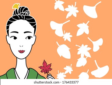 kimono beauty picking a red leaf