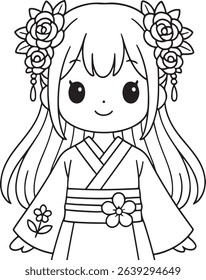 Kimono, Cartoon, Squiggly Lines, Kawaii, Anime, Coloring Page, Cute, Illustration, Collage, Character, Chibi, Manga, Drawing, Hand Drawn