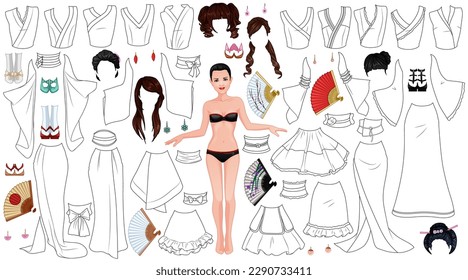 Kimono Dress Coloring Page Paper Doll with Female Figure, Clothes, Hairstyles and Accessories. Vector Illustration