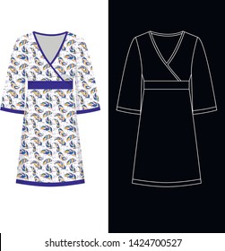 Kimono dress image with white outline silhouette on black vector