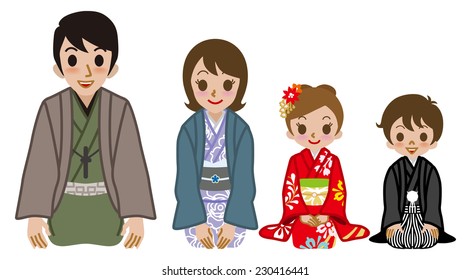Kimono Family Sitting On Heels