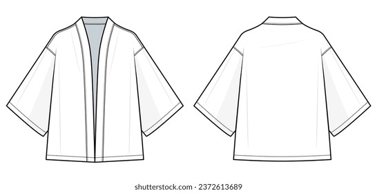 kimono fashion flat technical fashion illustration. Flat apparel, kimono fashion flat technical drawing template. front and back view, white color, unisex, CAD mock set.