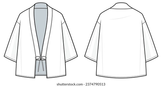 kimono fashion flat technical fashion illustration. Flat apparel, kimono fashion flat technical drawing template. loose fit, front and back view, white color, unisex, CAD mock set.