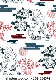 kimono girl flowers blossom traditional geometric kimono seamless pattern vector sketch illustration line art japanese chinese oriental design