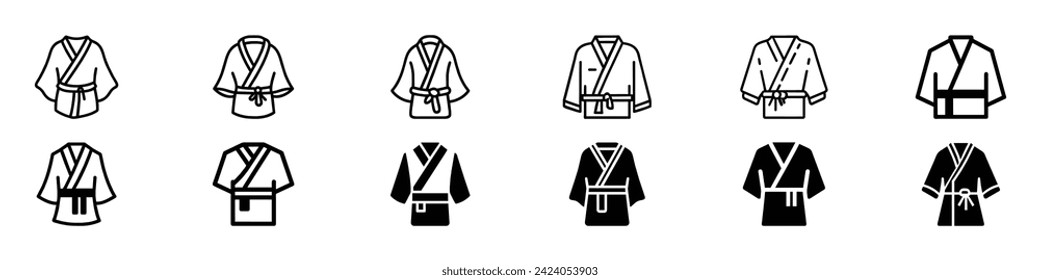 icono de kimono, icono de artes marciales, icono de kimono, colección de traje de arte marcial con diferentes cinturones, vestido de karate, conjunto de iconos de alboroto