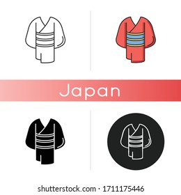 Kimono icon. Traditional japanese dress with obi belt. Oriental yukata. Ethnic asian clothing. Maiko outfit. Chinese apparel. Linear black and RGB color styles. Isolated vector illustrations