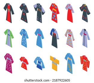 Kimono icons set isometric vector. Asian girl. Japan woman