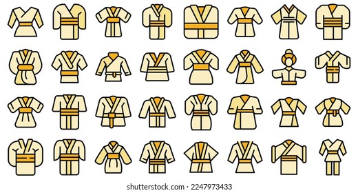Kimono icons set outline vector. Asian japanese. Geisha woman color flat