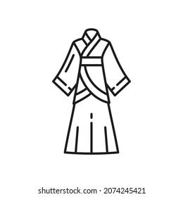 Kimono long sleeve chinese woman gown isolated thin line icon. Vector Japanese korean dress, traditional national clothing of China, Japan, Korea culture, asian cloth. Oriental ethnic dress with belt