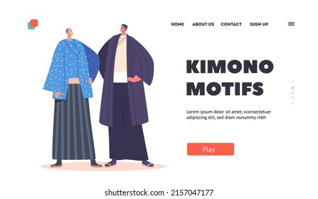 Kimono Motifs Landing Page Template. Asian Senior and Young Male Characters Wear Traditional Dress. Men in National Clothes, Oriental Culture and Fashion Concept. Cartoon People Vector Illustration