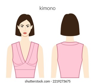 Kimono neckline clothes character beautiful lady in pink top, shirt, dress technical fashion illustration with fitted body. Flat apparel template front, back sides. Women, men unisex CAD mockup