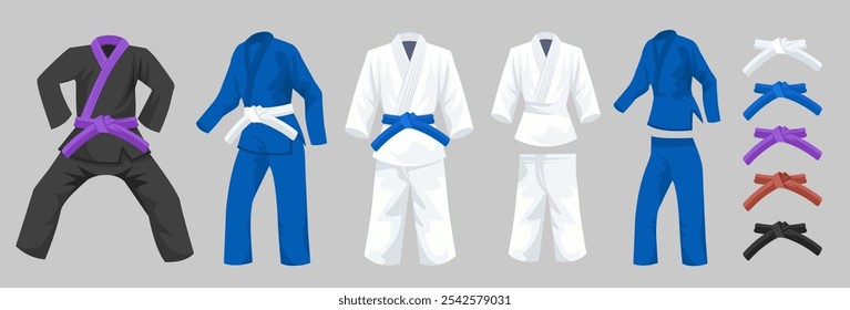 Kimono e calças com todos os cintos vetor definir ícone. Uniforme de jujitsu