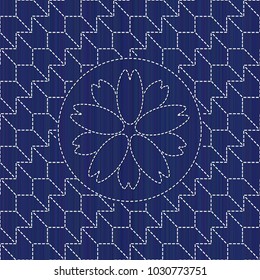 Kimono pattern. Sashiko texture with blooming sakura flower. Abstract seamless texture. Classic japanese quilling. Needlework motif. Needlework texture. For handiwork, decoration or printing on fabric