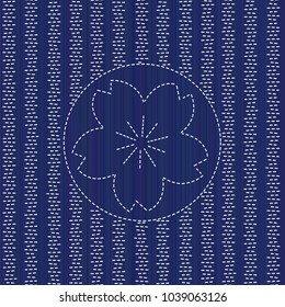 Kimono pattern. Sashiko texture with blooming sakura flower. Abstract seamless texture. Classic japanese quilling. Needlework motif or texture. For handiwork, decoration or printing on fabric.