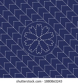 Patrón de Kimono. Textura de sashiko con flor de sakura floreciente. Resumen textura sin fisuras. Tejidos japoneses clásicos. Motivo de trabajo de aguja. Textura de la aguja. Para trabajos manuales, decoración o impresión en tejidos