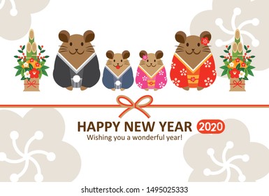 Kimono rat family & Kadomatsu decoration  with flower background