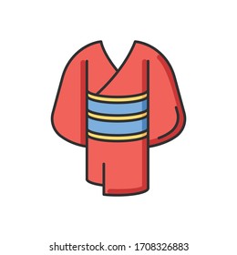 Kimono red RGB color icon. Traditional japanese dress with obi belt. Oriental yukata. Ethnic asian clothing. Maiko outfit. National chinese apparel. Clothing in Kyoto. Isolated vector illustration