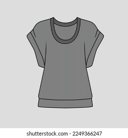 Kimono Ribbed Roll Up Sleeve Top Crew Neck Rib fabric Clothing fashion flat sketch technical drawing template design vector