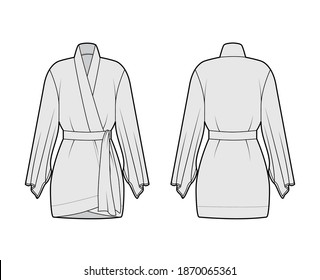 Kimono robe technical fashion illustration with long wide sleeves, belt to cinch the waist, above-the-knee length. Flat apparel blouse template front back grey color. Women men unisex CAD shirt mockup