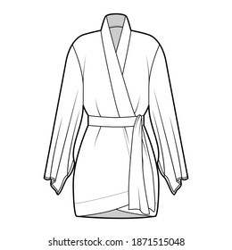 Kimono robe technical fashion illustration with long wide sleeves, belt to cinch the waist, above-the-knee length. Flat apparel blouse template front, white color. Women men unisex CAD shirt mockup