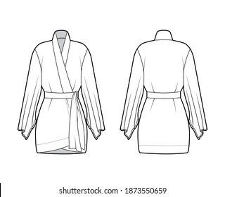 Kimono robe technical fashion illustration with long wide sleeves, belt to cinch the waist, above-the-knee length. Flat apparel blouse template front, back white color. Women unisex CAD shirt mockup