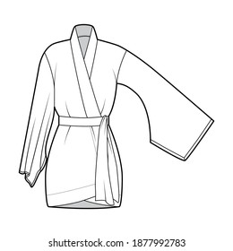 Kimono robe technical fashion illustration with long wide sleeves, belt to cinch the waist, above-the-knee length. Flat apparel blouse template front, white color. Women men unisex CAD shirt mockup