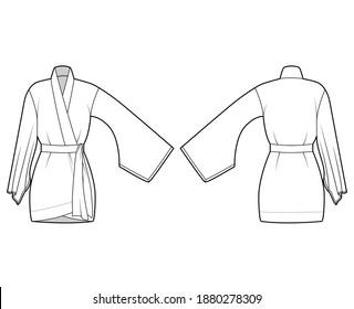 Kimono robe technical fashion illustration with long wide sleeves, belt to cinch the waist, above-the-knee length. Flat apparel blouse template front, back white color. Women unisex CAD shirt mockup