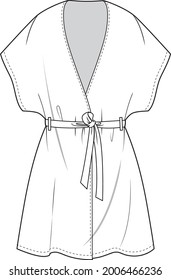 kimono robe technical fashion illustration. flat apparel self belt kimono blouse template front, white color.