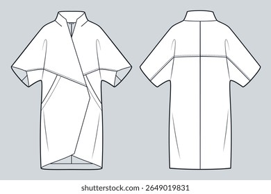 Kimono Sleeve Coat Technical Fashion Illustration. Asymmetric Coat fashion flat technical drawing template, pockets, front and back view, white, women Outerwear CAD mockup.