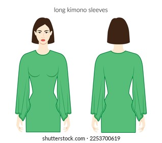 Kimono sleeves long length clothes character beautiful lady in green top, shirt, dress technical fashion illustration, fitted body. Flat apparel template front back sides. Women, men unisex CAD mockup