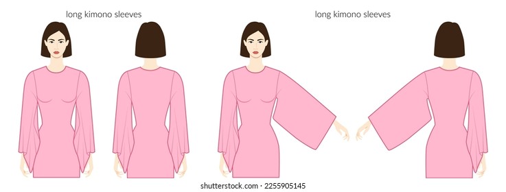 Kimono sleeves long length clothes character beautiful lady in purple top, shirt, dress technical fashion illustration, fitted. Flat apparel template front, back sides. Women, men unisex CAD mockup