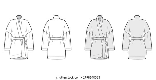 Kimono technical fashion illustration with long wide sleeves, belt to cinch the waist, above-the-knee length. Flat apparel blouse template front, back white grey color. Women men unisex shirt mockup