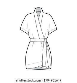 Kimono technical fashion illustration with relaxed fit, short batwing sleeves, belt to cinch the waist, above-the-knee length. Flat apparel blouse template front, white color. Women men unisex shirt