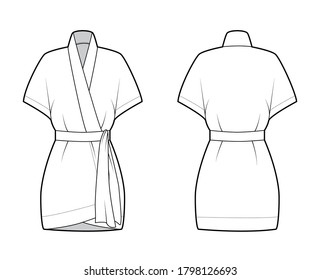 Kimono technical fashion illustration with short batwing sleeves, belt to cinch the waist, above-the-knee length. Flat apparel blouse template front back white color. Women men unisex shirt CAD mockup