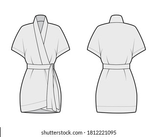 Kimono technical fashion illustration with short batwing sleeves, belt to cinch the waist, above-the-knee length. Flat apparel blouse template front, back grey color. Women men unisex shirt CAD mockup