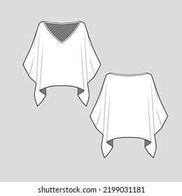 Kimono top asymmetric hem loose fit top V Neck ruffles blouse Fashion flat sketch Template technical Drawing Vector Design