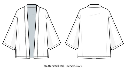 ilustración técnica de moda plana superior kimono. Prendas planas, kimono moda planas planas de dibujo técnico. vista frontal y trasera, color blanco, unisex, juego de simulación CAD.