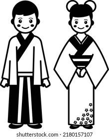 Kimono and Yukata with yellow belt vector icon design, World Indigenous Peoples symbol, characters in casual clothes Sign, Japanese couple standing together Concept,