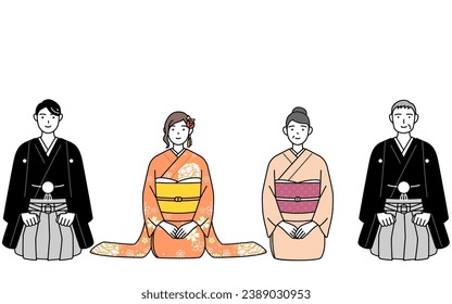 Kimono-clad family greeting the New Year, Vector Illustration