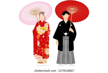 Kimono-clad men and women holding parasols, montsuki hakama and furisode