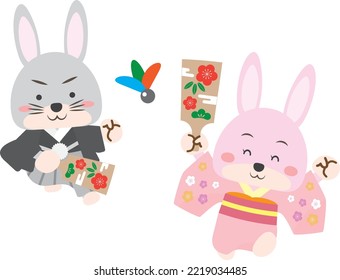 Kimono-clad rabbits playing with feathers on a battledore