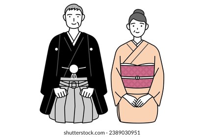 Kimono-clad senior couple greeting the New Year, Vector Illustration