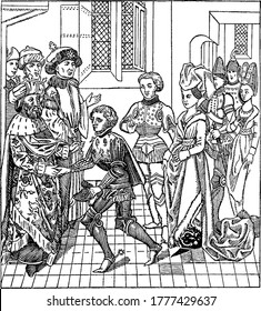 Kin of Hungary welcoming the Crusaders , vintage line drawing or engraving illustration.