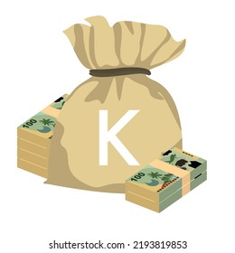 Kina Vector Illustration. Papua New Guinea money set bundle banknotes. Money bag 100 PGK. Flat style. Isolated on white background. Simple minimal design.