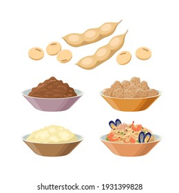 Kinako, soy meat, miso, tofu, soy pasta with seafood, soy beans. Soybean products - vector illustration isolated on white background.